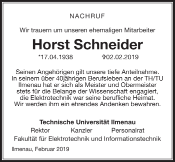 Traueranzeige von Horst Schneider von Südthüringer Presse