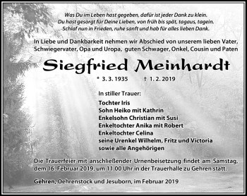 Traueranzeige von Siegfried Meinhardt von Südthüringer Presse