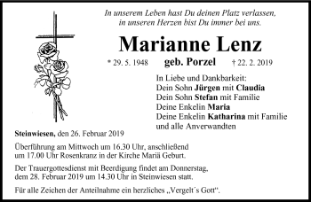 Traueranzeige von Marianne Lenz von Neue Presse Coburg