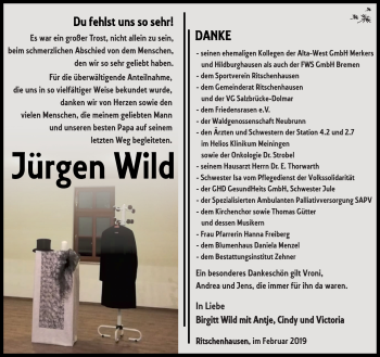 Traueranzeige von Jürgen Wild von Südthüringer Presse