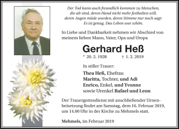 Traueranzeige von Gerhard Heß von Südthüringer Presse