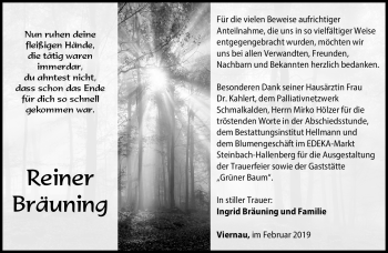 Traueranzeige von Reiner Bräuning von Südthüringer Presse