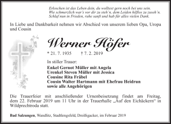 Traueranzeige von Werner Höfer von Südthüringer Presse