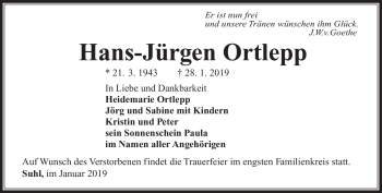 Traueranzeige von Hans-Jürgen Ortlepp von Südthüringer Presse