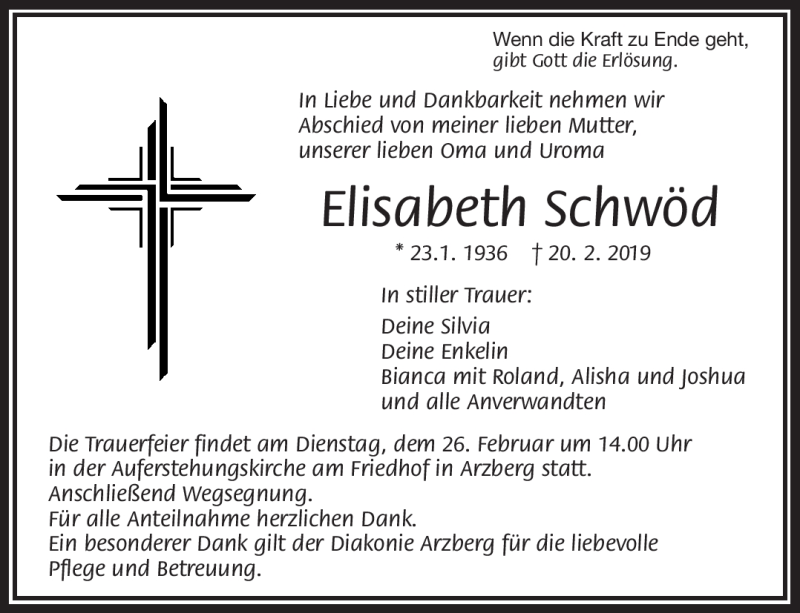  Traueranzeige für Elisabeth Schwöd vom 23.02.2019 aus Frankenpost