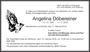 Traueranzeige von Angelina Döbereiner von Frankenpost
