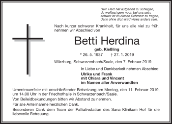 Traueranzeige von Betti Herdina von Frankenpost