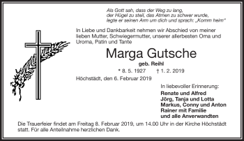 Traueranzeige von Marga Gutsche von Frankenpost