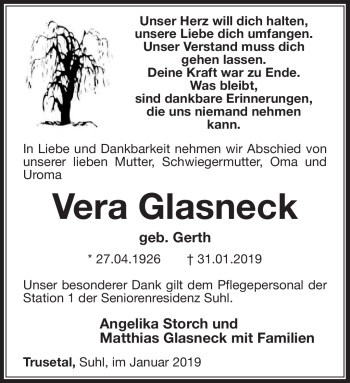 Traueranzeige von Vera Glasneck von Südthüringer Presse
