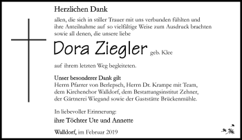 Traueranzeige von Dora Ziegler von Südthüringer Presse