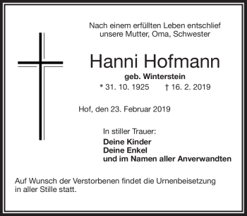 Traueranzeige von Hanni Hofmann von Frankenpost