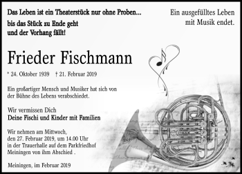 Traueranzeige von Wilfried Fischmann von Südthüringer Presse