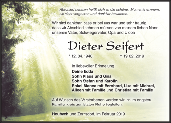 Traueranzeige von Dieter Seifert von Südthüringer Presse