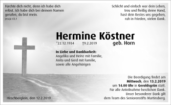 Traueranzeige von Hermine Köstner von Frankenpost