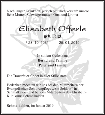 Traueranzeige von Elisabeth Offerle von Südthüringer Presse