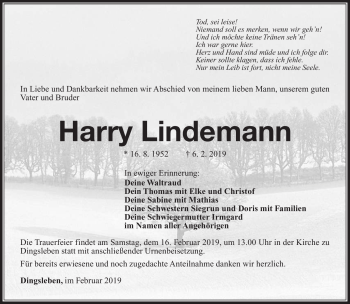 Traueranzeige von Harry Lindemann von Südthüringer Presse
