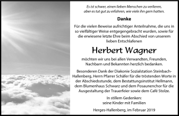 Traueranzeige von Herbert Wagner von Südthüringer Presse