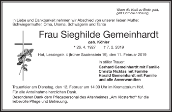 Traueranzeige von Sieghilde Gemeinhardt von Frankenpost