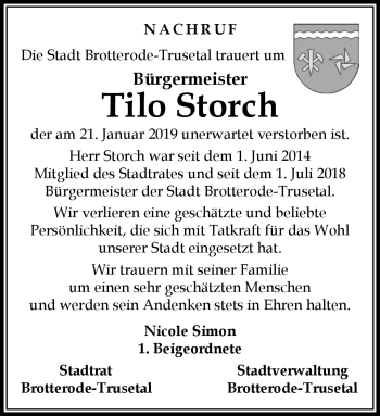 Traueranzeige von Tilo Storch von Südthüringer Presse