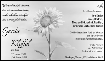 Traueranzeige von Gerda Kleffel von Südthüringer Presse