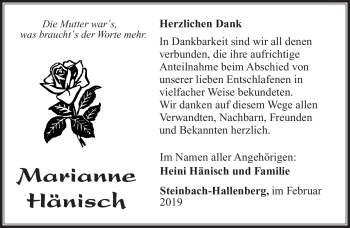 Traueranzeige von Marianne Hänisch von Südthüringer Presse