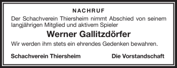 Traueranzeige von Werner Gallitzdörfer von Frankenpost