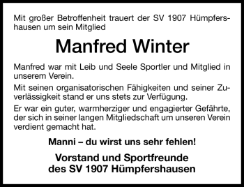 Traueranzeige von Manfred Winter von Südthüringer Presse