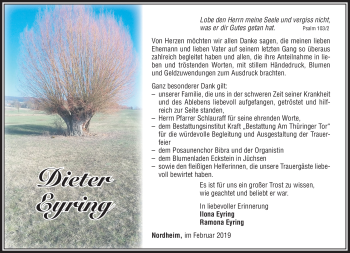 Traueranzeige von Dieter Eyring von Südthüringer Presse
