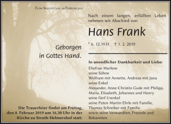 Traueranzeige von Hans Frank von Südthüringer Presse