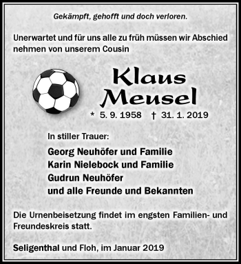 Traueranzeige von Klaus Meusel von Südthüringer Presse