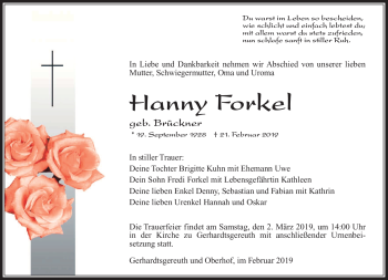 Traueranzeige von Hanny Forkel von Südthüringer Presse
