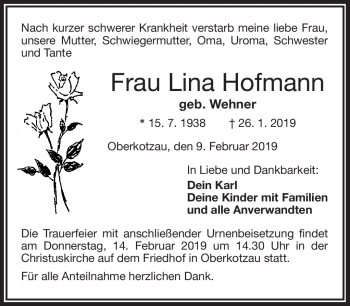Traueranzeige von Lina Hofmann von Frankenpost