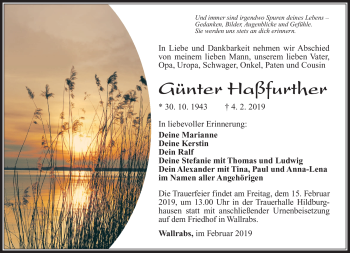 Traueranzeige von Günter Haßfurther von Südthüringer Presse