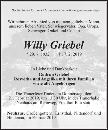 Traueranzeige von Willy Griebel von Südthüringer Presse