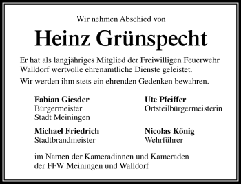 Traueranzeige von Heinz Grünspecht von Südthüringer Presse