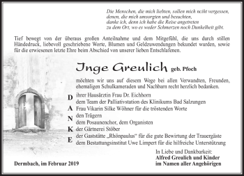 Traueranzeige von Inge Greulich von Südthüringer Presse
