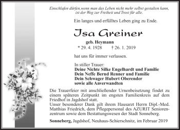 Traueranzeige von Isa Greiner von Südthüringer Presse
