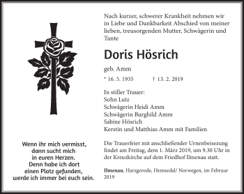 Traueranzeige von Doris Hösrich von Südthüringer Presse