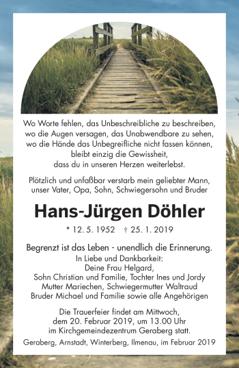 Traueranzeige von Hans-Jürgen Döhler von Südthüringer Presse