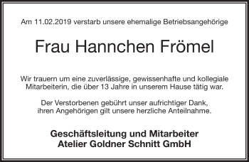 Traueranzeige von Hannchen Frömmel von Frankenpost