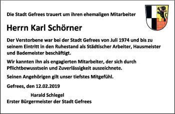 Traueranzeige von Karl Schörner von Frankenpost