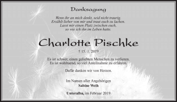 Traueranzeige von Charlotte Pischke von Südthüringer Presse