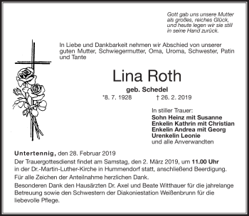 Traueranzeige von Lina Roth von Neue Presse Coburg