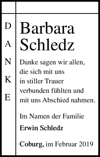 Traueranzeige von Barbara Schledz von Neue Presse Coburg