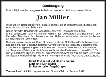 Traueranzeige von Jan Müller von Südthüringer Presse