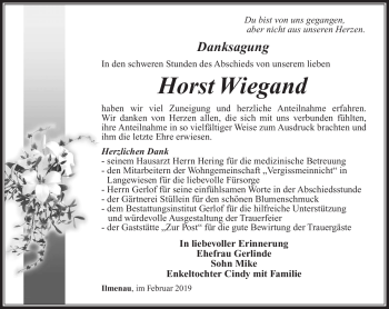Traueranzeige von Horst Wiegand von Südthüringer Presse
