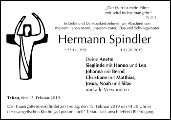 Traueranzeige von Hermann Spindler von Neue Presse Coburg