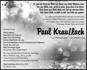 Traueranzeige von Paul Kraußlach von Südthüringer Presse
