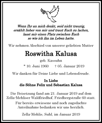 Traueranzeige von Roswitha Kalusa von Südthüringer Presse