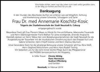 Traueranzeige von Annemarie Koschitz-Kosic von Neue Presse Coburg